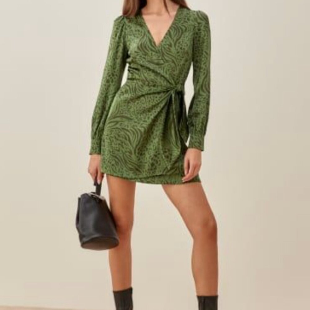 Reformation Kenna Green 100% Silk Leopard Wrap Mini Dress